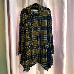 Women’s XL, brown pattern, cowl neck, Asymmetrical tunic long sleeve dress shirt